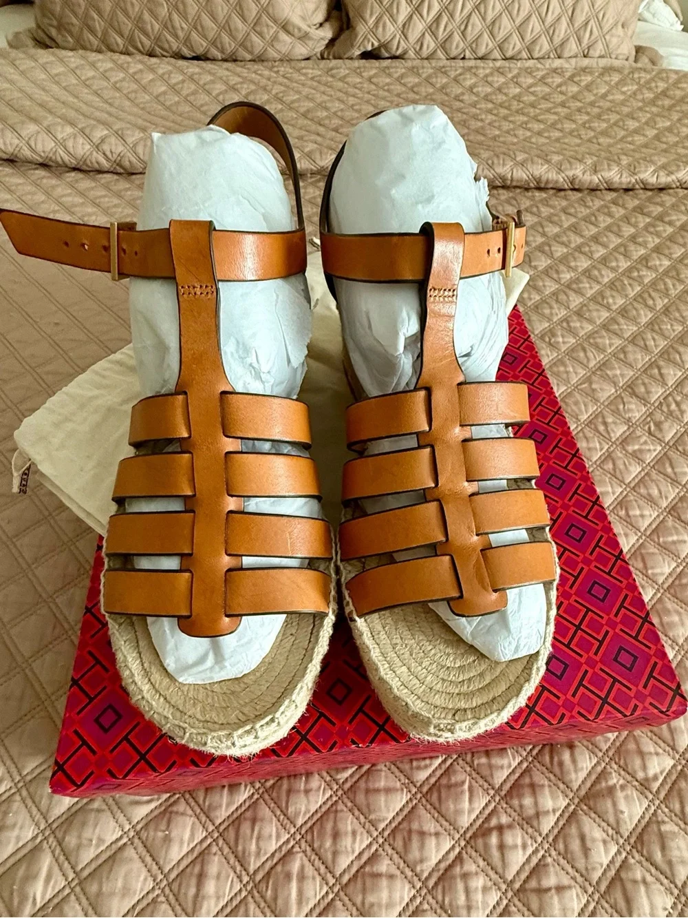 Tory Burch Fisherman Espadrille Wedge Toasted Soufflé, size 9. Like New in Box.